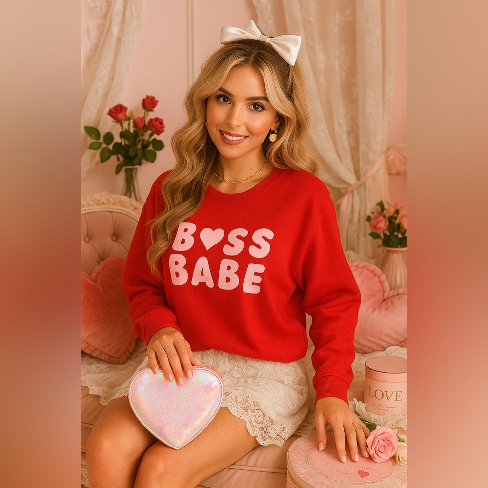 Boss Babe Red Heart Graphic Sweatshirt Cozy Valentine Pullover NWT
